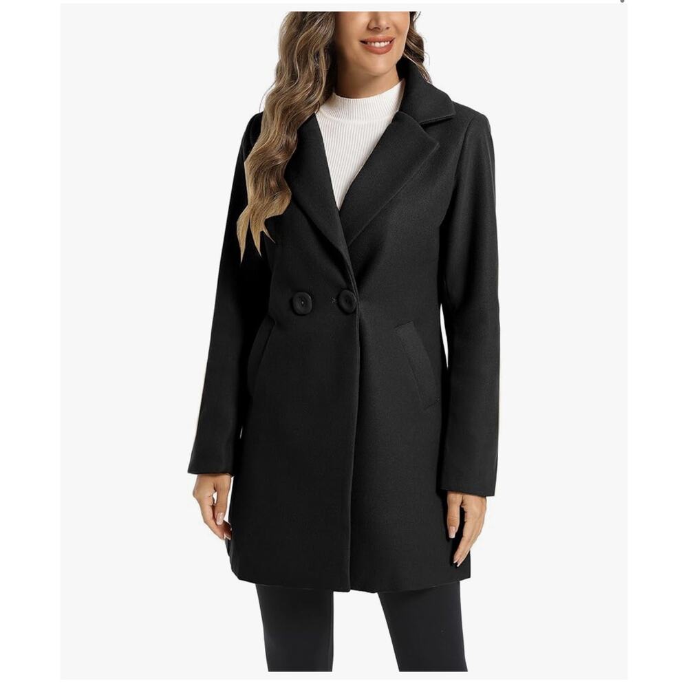 TONCHENGSD Women's Notched Lapel Wool Blend Solid Long Pea Coat Medium